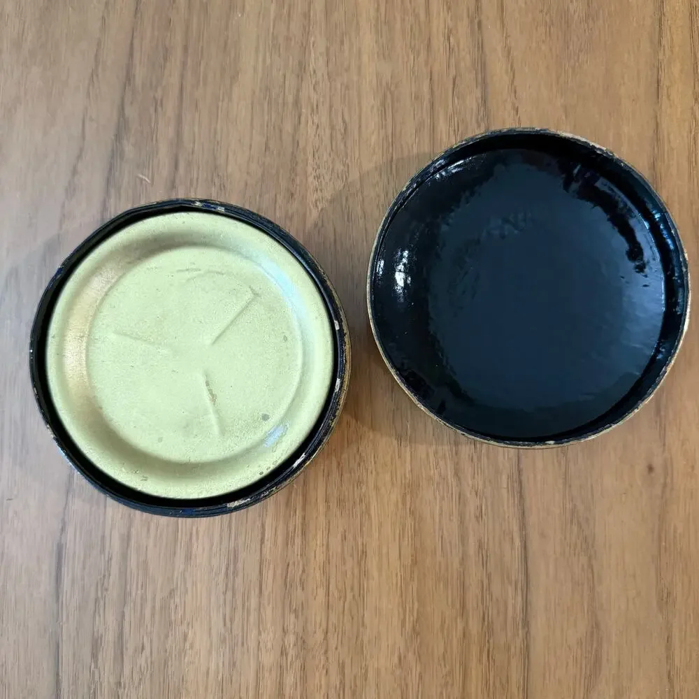 Coaster Set of 6 Gold Tone Metal Aged Patina Black Lacquer Round Wood Box Japan